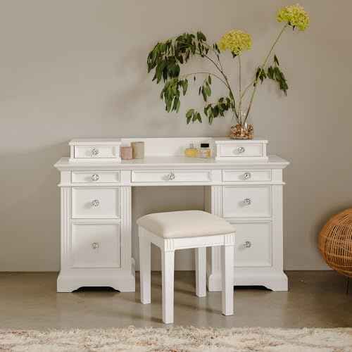 White Dressing Table Pedestal Desk with Top Extension Drawers | 9 Drawer Gainsborough Dressing Table with Crystal Handles | Assembled Bedroom Furniture