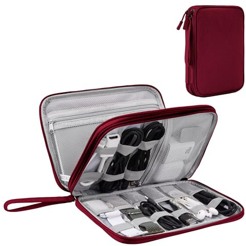 Organizador de Cables para Viaje con Doble Capa - Bolsa Técnica Impermeable para Cargadores, Teléfonos, Auriculares, Tarjetas | Travel Essentials para Viajes Accesorios, L, Rojo Vino