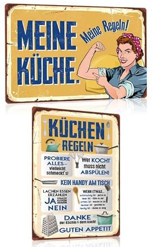 2ER KÜCHEN-SCHILDER SET 20x30cm - Retro Blechschilder Küche mit Lustige Sprüche - Meine Küche Meine Regeln - Vintage Metall-schild Tür-schild Wand Dekoration Geschenk für Frauen Mama