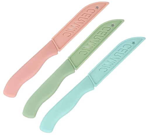 Chstarina 3 Piezas Cuchillo de Cerámica, Cuchillos de Cocina, Cuchillo de Frutas, Color Azul, Rosa, Verde, Cuchillo de Pelar, Set Cuchillos Cocina para Verduras, Frutas, Ensalada, Pan, Pastel