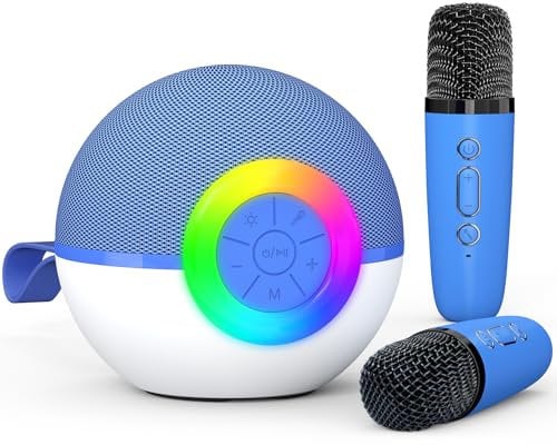 Karaoke Machine for Kids Adults, Toys with wireless microphone Mini Portable Bluetooth Speaker with 5 Voice Changing Effects & LED Light, Christmas Birthday Gifts for 4-12 Girls Boys (Blue-2 Mics)