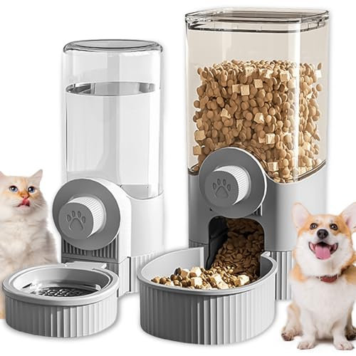 Automatischer Futterspender, Futterautomat Katze 520ML Schwerkraft Wasserspender und 1.2L Futterautomat Katze & Hund für Nass-/Trockenfutter, für kleine, mittelgroße Haustiere (Grau)