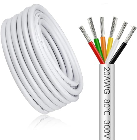 5 Meter 20AWG 6x0,5mm² Elektrischer Kabel, 6 Adriges Kabel 5V/12V/24V/300V Weiß Verzinntes Kupferkabel, Flexibel und Weich Niedrige Impedanz Hohe Temperaturbeständigkeit Verlängerungskabel
