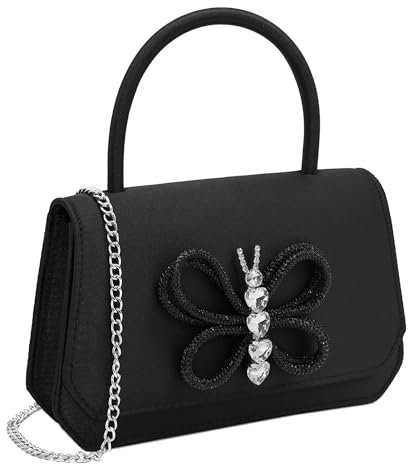 Milisente Retrostil Seide Clutch Damen oben Griff Abendtasche Strass Schmetterling Schultertasche Handtasche (Topgriff Kristalle Schmetterling Schwarz)