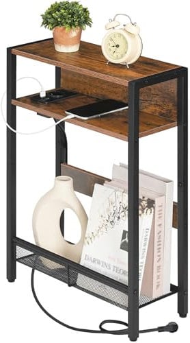 CHOEZON Beistelltisch Schmal, Sofatisch mit Ladestation, Nachttisch mit 2 Holzwerkstoffplatten und 1 Metallregal, für kleine Räume, Wohnzimmer, Vintagebraun und Schwarz DTBZ05CBF