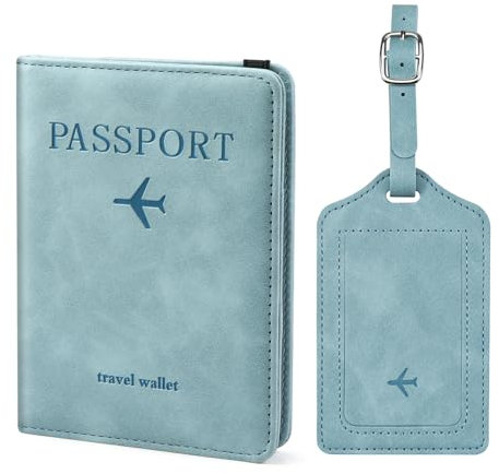 ILIYAH Reisepasshülle Gepäckanhänger-Set - Familien-Reisebrieftasche, RFID-Reisepasshülle aus Leder Deutsch, Gepäckanhänger für Koffer, Europa-Reiseanhänger (Blau Kombination)