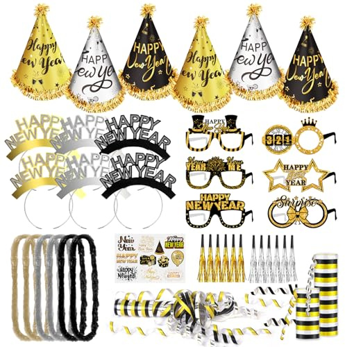 DPKOW 38 Stk Silvester Deko 2027 Party Set, Schwarz Gold Silber Silvester Accessories 2027 Neujahr Partyzubehör 2027 Happy New Year Partyhüte Brillen Haarreif Tattoo Leis Tröte Luftschlangen