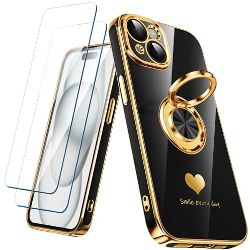 Nonional Compatible for iPhone 15 Case with 2 Pack Screen Protector, 360° Rotatable Ring Holder [Luxury Hearts Pattern] Plating Gold Edge Slim Soft Phone Cover Case for iPhone 15 - Black