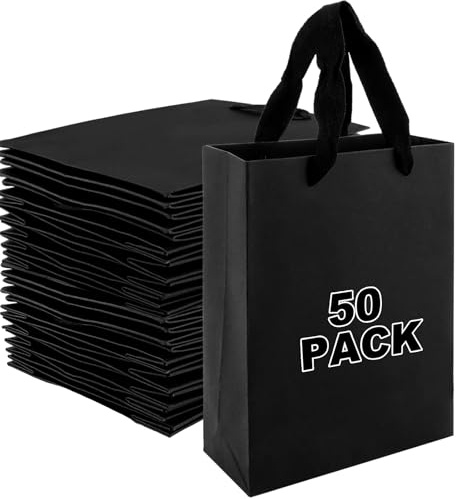 MIVIDE 15 x 6 x 20cm Schwarz Papiertüten mit Henkel, 50 Stück | Geschenktüte Papiertasche, Wiederverwendbar Papier Geschenktaschen für Hochzeit Weihnachten Geschenke