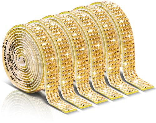 Strassband Selbstklebend 6 Rollen 1 Yard Strasssteine Selbstklebend Kristall Diamant Band Glitzerband Strassstreifen Glitzer Diamant Deko ​​für DIY Basteln Stoff Auto Handy (Gold)