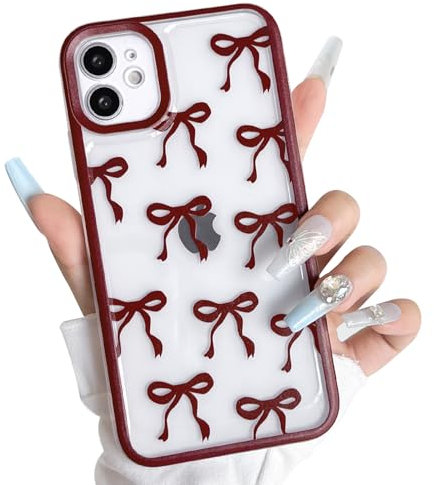 NITITOP Compatible with iPhone 11 Case Cute Clear Burgundy Big Bow Design Ribbon Bowknot Pattern for Girls Women Soft TPU Transparent Full Camera Lens Shockproof Protective Cover - Wine Red