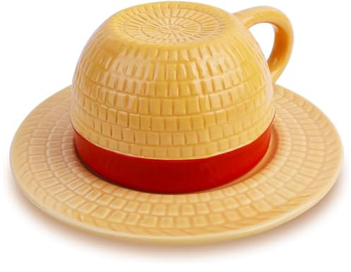 The Pxv Luffy's Hat Coffee Mug Set – Creative Ceramic Anime Cup with Straw Hat Design and Saucer – Perfect for Tea, Coffee, Milk – Great Gift for Anime Lovers, Christmas, Birthdays, or Anniversaries