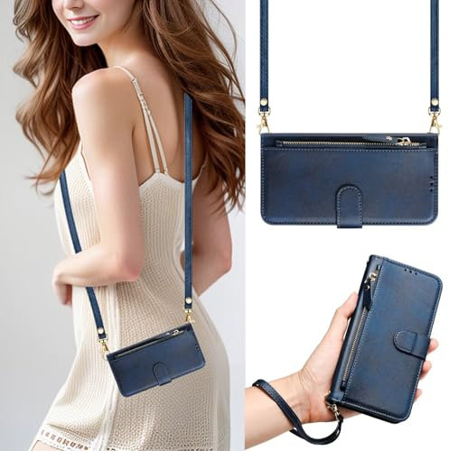 PONRFEKT Phone Case for Sony Xperia 10 V 4G 2023,Flip Case Leather Wallet Case with Card Holder Zipper Wallet with Lanyard Wristlet Protective Phone Case for Sony Xperia 10 V 4G 2023-Blue