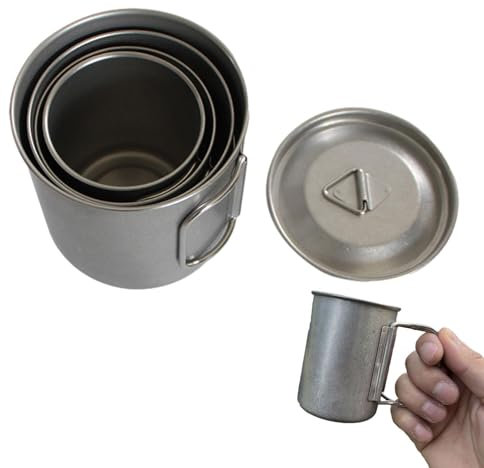 Vaso de camping plegable, vaso de metal para camping con asa, 4 recipientes de agua exteriores de acero inoxidable con asa, plegable retro imitación titanio, juego de bebidas, para caza de mochila