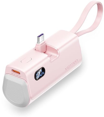 VENTION Mini Power Bank da 4800 mAh con cavo integrato di tipo C e Lightning, ricarica rapida da 22,5 W, doppia uscita, display a LED, batteria portatile per iPhone 16/15/14 AirPods (rosa)