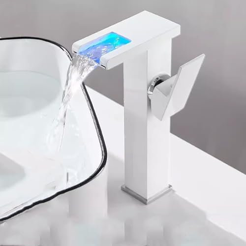 Robinet Salle Bain Haut Cascade avec LED à Couleur Changeante Robinet Cuisine avec Tuyau D'alimentation en Eau Hydroélectricité(White)