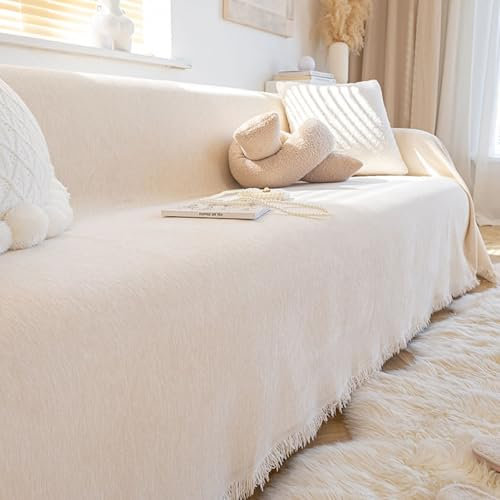 Aotiwe Sofa Überzug Weiß, Couch Überzug Unifarben mit Quasten Chenille für 1 Sitzer 180x150cm