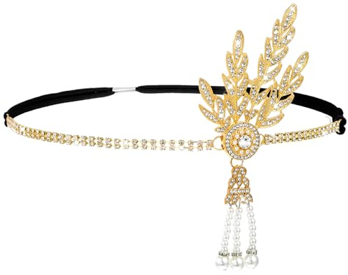 Yolev Schwarz Gold Kopfschmuck 20er Jahre Damen, 1920er Gatsby Accessoires Damen, mit Blatt, Strass, Perlen, für Bräute, Hochzeitsfeiern und Andere Anlässe