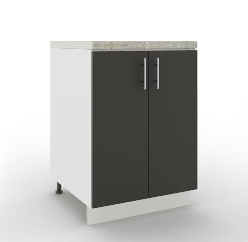 JD Greta Adjustable Kitchen Base Unit - 600mm - Base Cabinet with Doors & Worktop - Dark Grey Matt
