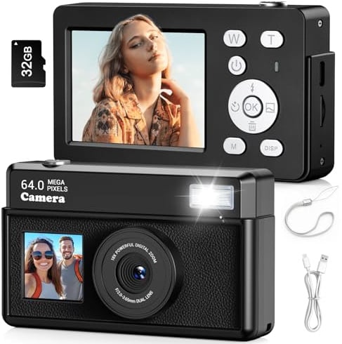 Macchina Fotografica Digitale,Fotocamera Digitale Compatta 4K 64MP (Pelle Nero) | Scheda da 32 GB, Anti-vibrazione, Zoom 18X, Videocamera per Vlogging per Adolescenti, Principianti, Adult (Pelle Nera)
