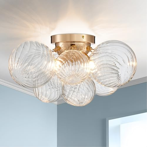 SHRINE Lighting Gold Bubble-Glas Deckenleuchte, Einbau-Deckenleuchte fürs Wohnzimmer, D46 x H23 cm, 4x G9 Fassungen, Kugelglas-Schirm & Rahmen mit Gold Finish