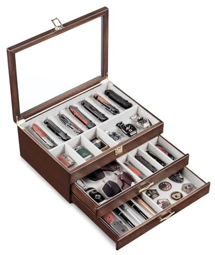 Emfogoo 3-stöckige Messerhalter, Holz Messerständer für 17–23 Taschenmesser-Vitrine, Taschenmesser-Sammlung mit Echtglasfenster oben, Messer-Aufbewahrungsbox als Geschenk für Männer (Nussbaum)