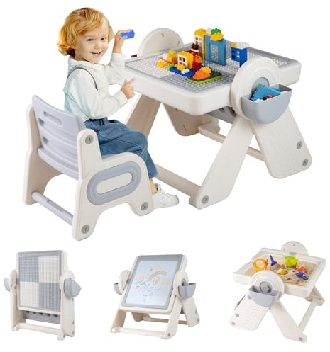 FANTASK 6 in 1 Kinder Tisch Stuhl Set, Staffelei mit wendbarer Tischplatte, Bücherregal & Körben, Kindersitzgruppe klappbar, Spieltisch 3 stufig höhenverstellbar für Kinder ab 18 Monaten (Grau)