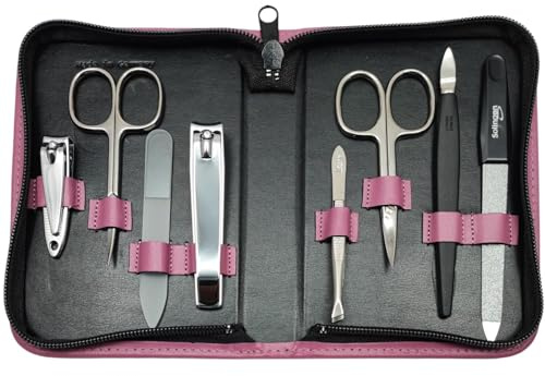 8-teiliges Maniküre-Set Echtleder Etui · Solingen Instrumente · Made in Germany Beere