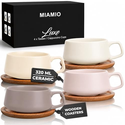 MIAMIO - Cappuccino Cup Set of 4, Ceramic Mugs (280ml) - Luxe (Cream Rose) | Ceramic cappuccino cups and saucers, wide coffee cups for latte, espresso and Americano, 4-piece set, dishwasher safe