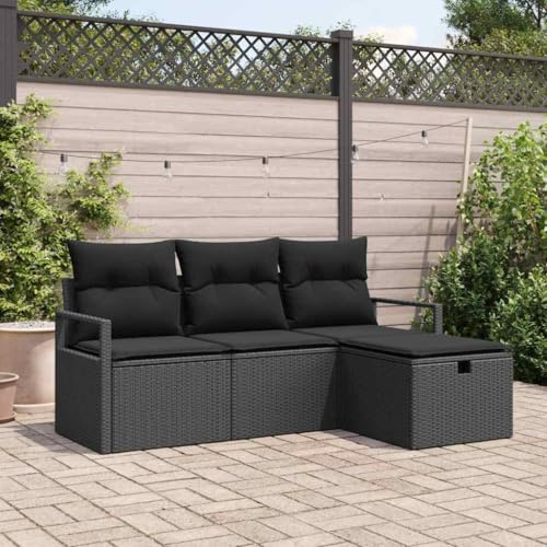 kithwjll Poly-Rattan Sofa Set mit Kissen, 4-teilig, Schwarz, Modular, UV-beständig, 175x117x85 cm, für Garten, Balkon & Terrasse, mit Stauraum