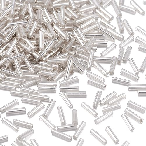 Pandahall 1250pcs/50g Silver Lined Glass Bugle Beads 6x1.8mm Clear Tube Loose Glass Seed Spacer Bead for Jewelry Making (FloralWhite)