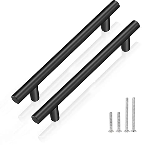 PinLin 20 Pack Kitchen Door Handles 128mm Hole Centre Flat Black Cabinet Handles Stainless Steel Cupboard T Bar Handle (Screws Included)