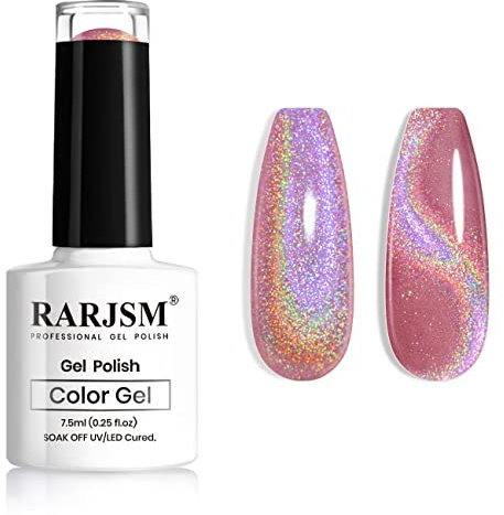 RARJSM Holographic Cat Eye Gel Nail Polish,Rose Red Glitter Laser Rainbow Unicorn Effect 1piece 7.5ml Gel Polish Soak Off Led UV Curing Requires without Magnetic Stick for Salon Home DIY Nail Art