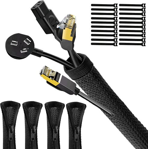 UPXDUMI Cable Tidy Zip Sleeve for PC/TV, 20mm - 2.4m Desk Cable Management Organisers, Wire Tidy Loom Tube Cord Cover Protector with 20 PCS Reusable Cable Ties for Home, Office, 2*(50CM+70CM), Black