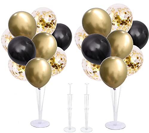 Table Balloon Stand Kit,2 Sets of Table Balloon Stick Holder with 14 Sticks, 14 Cups, 2 Base, 18 Black Gold Balloons for Birthday Wedding Party, Holidays, Anniversary Decorations