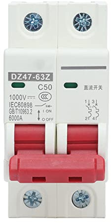 Tissting Disjoncteur Miniature DC, Puissant Disjoncteur 2P 50A 1000V avec Montage Rail DIN pour Protection contre les Surcharges et Courts-Circuits pour Systèmes Photovoltaïques et Marins