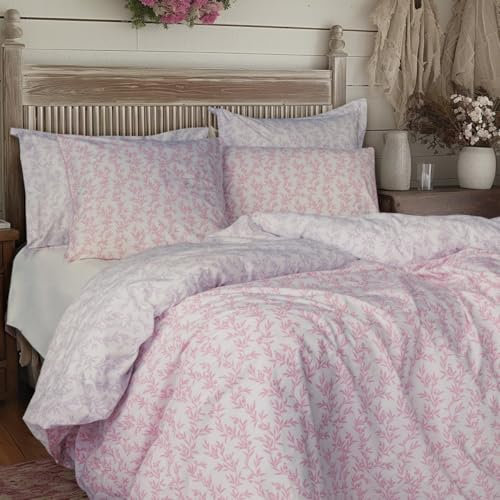 LERUUM King Size Duvet Cover Cotton Bedding Set Reversible Floral Leaf Print 200TC Percale Blush Pink Lilac Autumn Winter Quilt Cover Set (Kingsize)