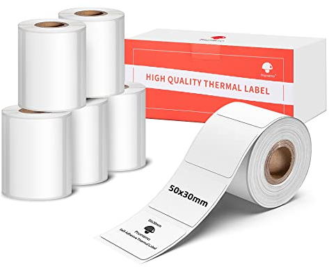 6 Pack-Phomemo M120/M110 Etiketten 6 Rollen 50x30mm Selbstklebende Thermodirekt-Etiketten für M110/M120/M220/M108/M100/M150/M250/M260 Etikettendrucker für Barcode, Adresse, Preisschild