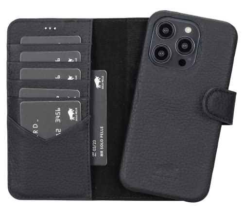 Solo Pelle Lederhülle kompatibel für iPhone 14 Pro in 6.1 Zoll abnehmbare Hülle (2in1) inkl. Kartenfächer für das original Apple iPhone 14 Pro (Vollleder Matt Schwarz)