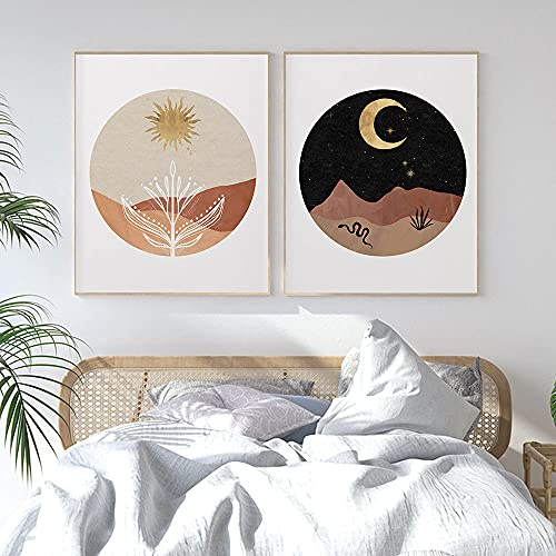 Boho Day Night Poster Print Abstract Arch Wall Gemälde Sun Moon Star Canvas Painting Dessert Sand Modern Wall Picture For Bedroom Deko 50x70cmx2 Unframed
