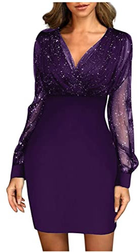 ORANDESIGNE Vestito Donna Elegant Corto Cerimonia Abito Sera Manica Lunga Mini Vestito Aderente Tubino Casual Moda Vintage Festa da Sera Vestitino A Viola M