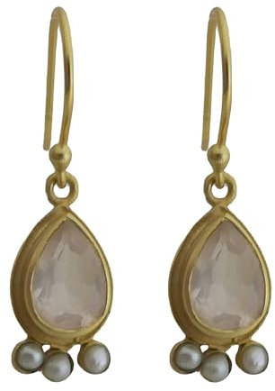 Orecchini Pendenti in Argento 925 Placcato Oro con Quarzo Rosa e Perle d’Acqua Dolce - Eleganza Romantica in Stile Femminile e Raffinato