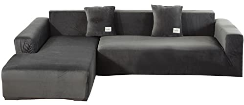 GKXLH L Form Sofabezug 3 Sitzer – Weicher Samt L Form Sofa Schonbezüge 3 Sitzer + 3 Sitzer Couchbezüge Möbelschoner mit 4 Kissenbezügen für L-förmiges Schnittsofa (Dunkelgrau, 3 + 3 Sitzer)