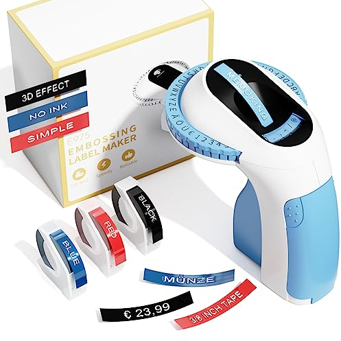 Memoking Etichettatrice a rilievo con 3 nastri per etichette E975 3D Embossed Label Maker Machine, Etichettatrice a Rilievo Per uso casalingo, fai da te e hobby (£/€, Ä, Ö e Ü)