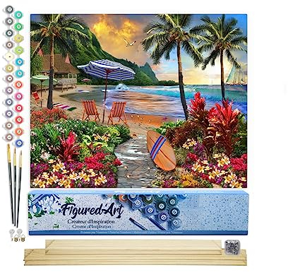 Figured'Art Malen Nach Zahlen Erwachsene Mit Rahmen Palme am Strand - Paint by Numbers Basteln DIY Bastelset 40x50cm Mit Keilrahmen (nicht gespannt)