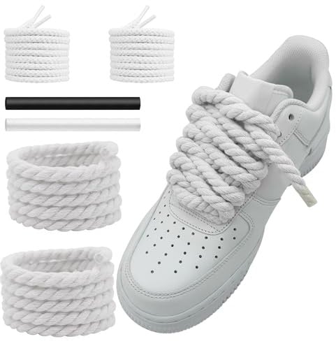 NDTEZUGT 10mm dicke Schnürsenkel für Air Force 1 Schuhe, Big Rope Laces for Sneakers, Runde Seil Klobige Gedrehte Baumwoll Kordel Schuhbänder für Turnschuhe (White-02, 54''/140cm)