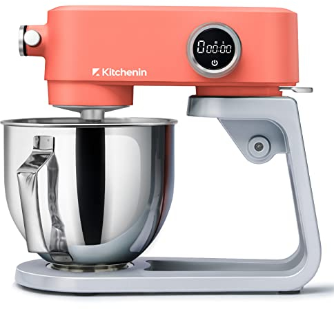 Kitchenin Metal Stand Mixer,5.3-Quart 8-Speeds Tilt-Head Food Mixer,400 Watt DC Motor Dough Mixer with 12-Wire Whip,Flat Beater,Stainless Steel Dough Hook & Pouring Shield,Orange