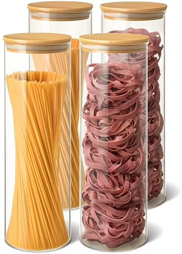 Praknu Vorratsdosen mit Deckel für Spaghetti 4er Set - Luftdicht mit Holzdeckel - Spülmaschinenfest - Hoch 30cm - Spaghetti Aufbewahrung