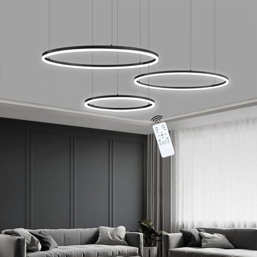 Pendelleuchte Schwarz 106W, Wohnzimmerlampe Dimmbar mit Fernbedienung. Hängelampe wohnzimmer Hängend höhe Form verstellbar. Deckenlampe wohnzimmer, Pendelleuchte esstisch 3 ringe Größe 40+60+80cm