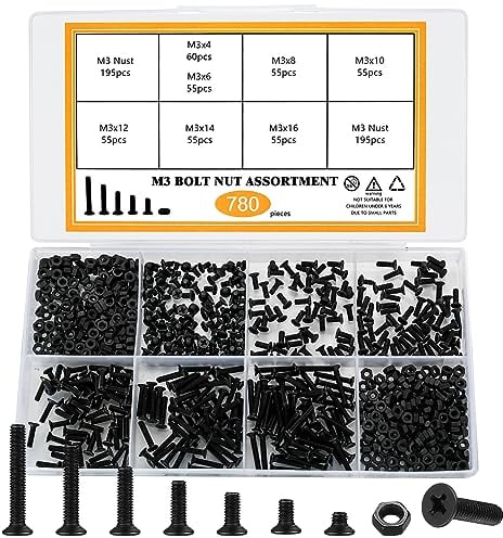 780 Pcs M3 Vis à Tête Fraisée avec Ecrous, Vis à Tête Plate Boulons et Écrous, Assortiment de Boulons Vis à Mécanique à Tête Cruciforme avec Ecrous